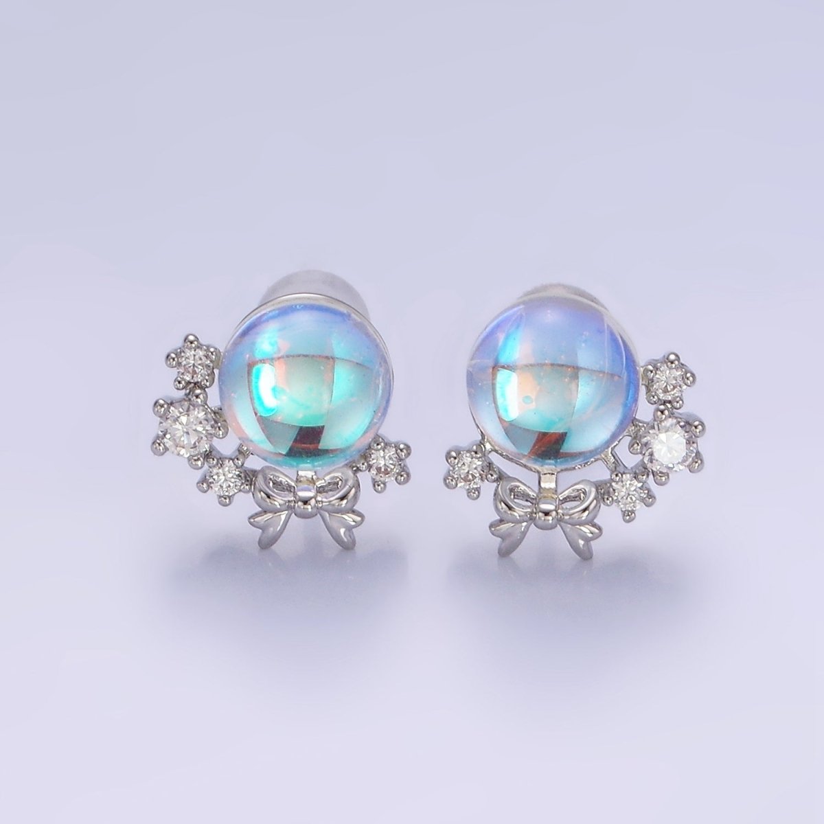 14K Gold Filled AB Iridescent CZ Circular Ribbon Bow Stud Earrings in Gold & Silver | V498 V499