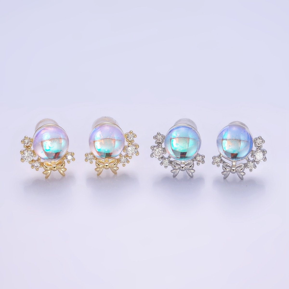 14K Gold Filled AB Iridescent CZ Circular Ribbon Bow Stud Earrings in Gold & Silver | V498 V499