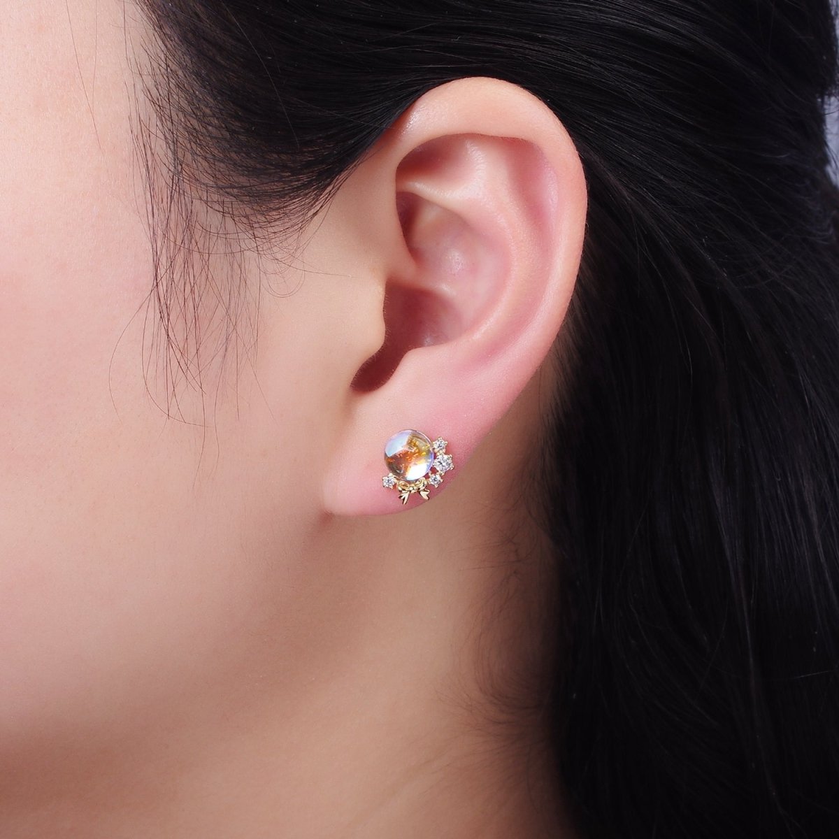 14K Gold Filled AB Iridescent CZ Circular Ribbon Bow Stud Earrings in Gold & Silver | V498 V499