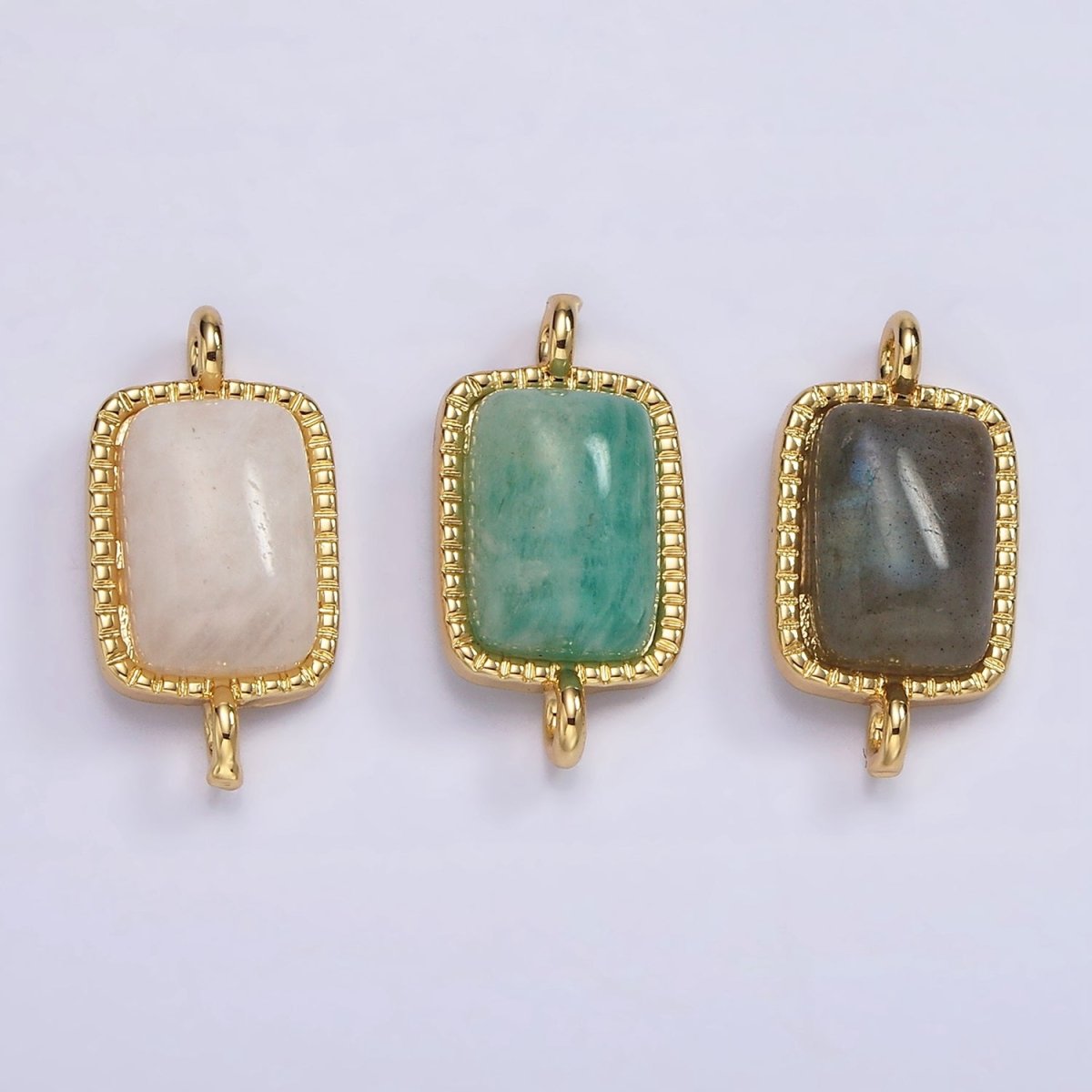 14K Gold Filled Amazonite, Moonstone, Labradorite Dotted Bezel Rectangular Connector | G-219 - G-221