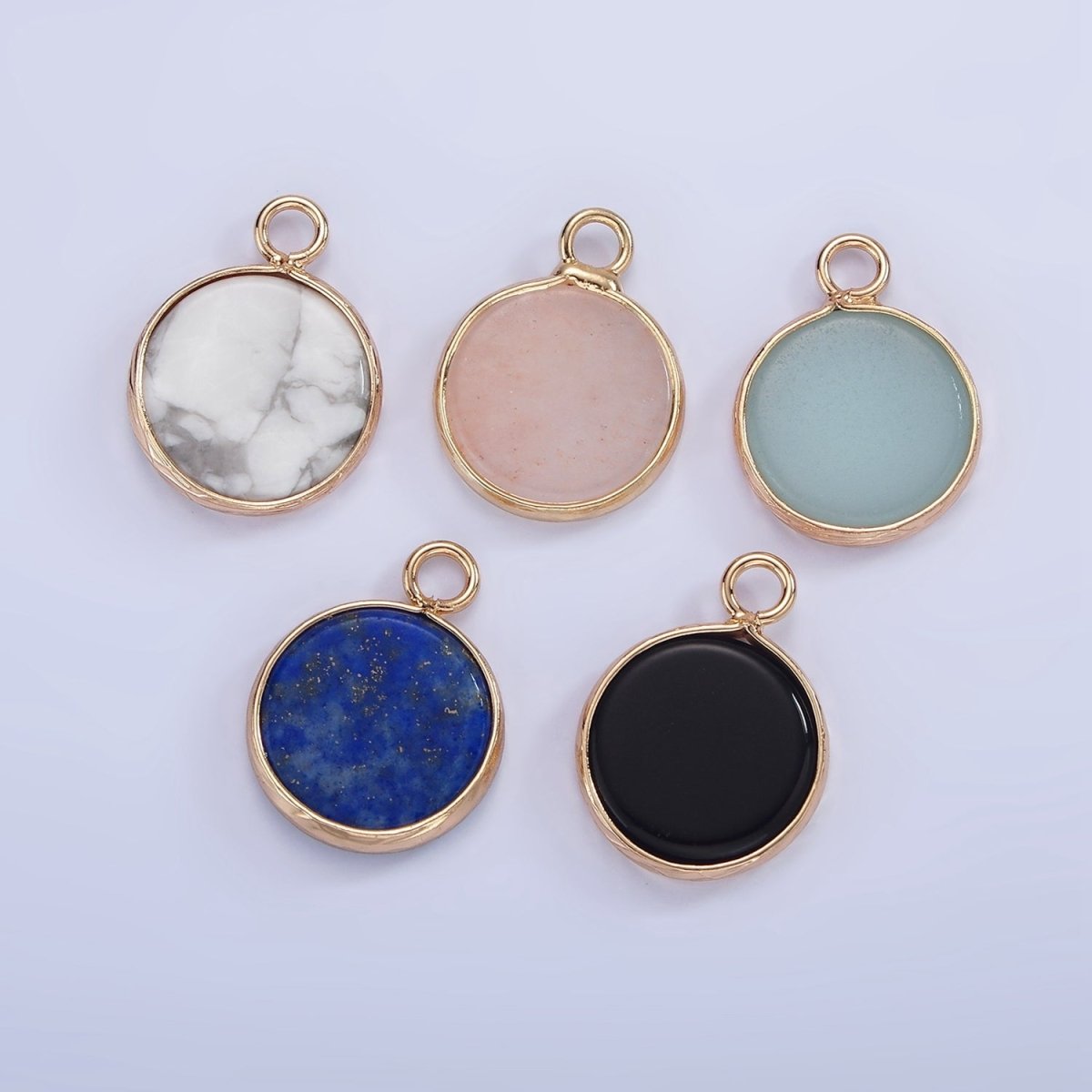 14K Gold Filled Amazonite, Pink Quartz, Onyx, Howlite, Blue Lapis Round Bezel Charm | N1691 - N1695