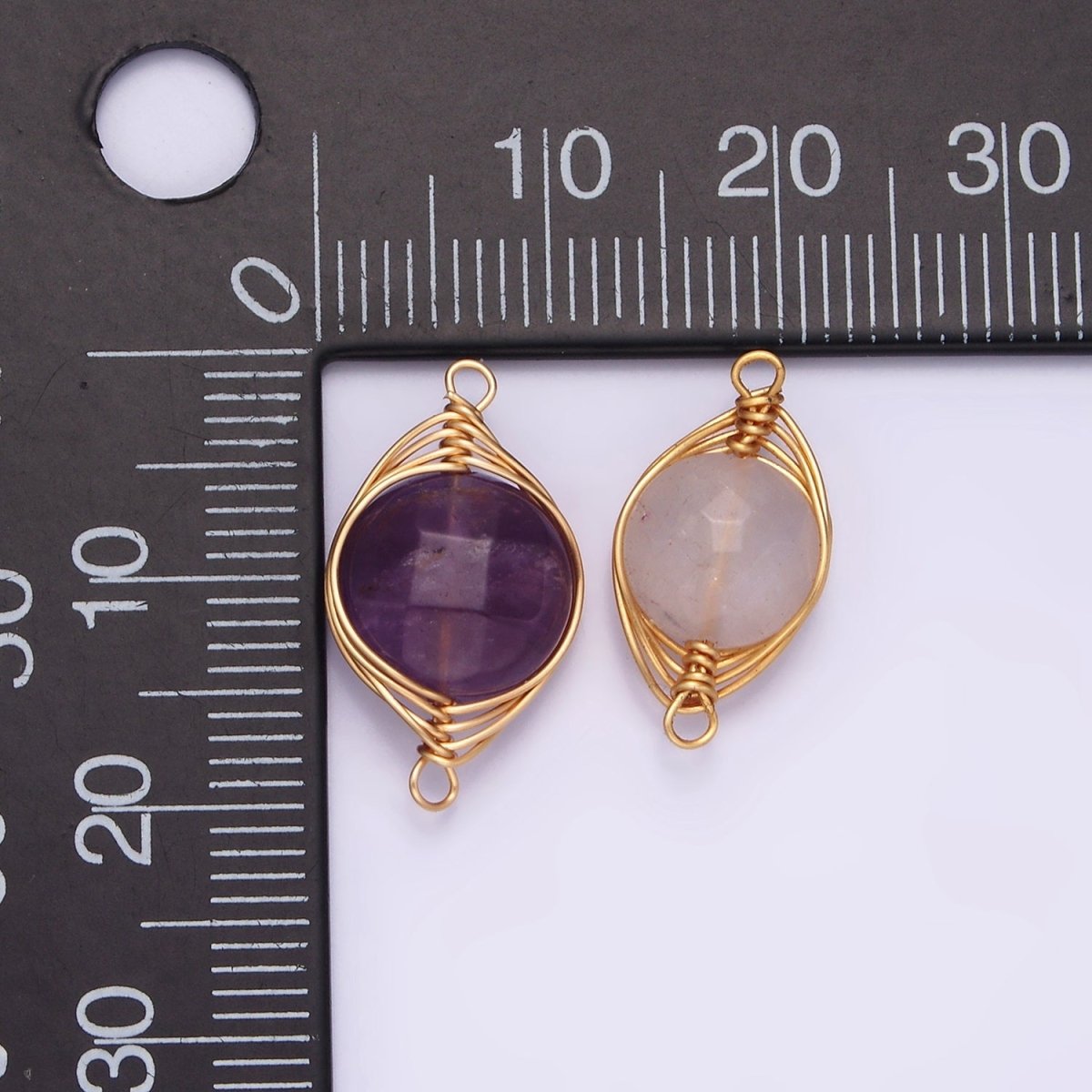 14K Gold Filled Amethyst, Clear Quartz Multifaceted Round Wire Wrapped Connector | G-052 G-053