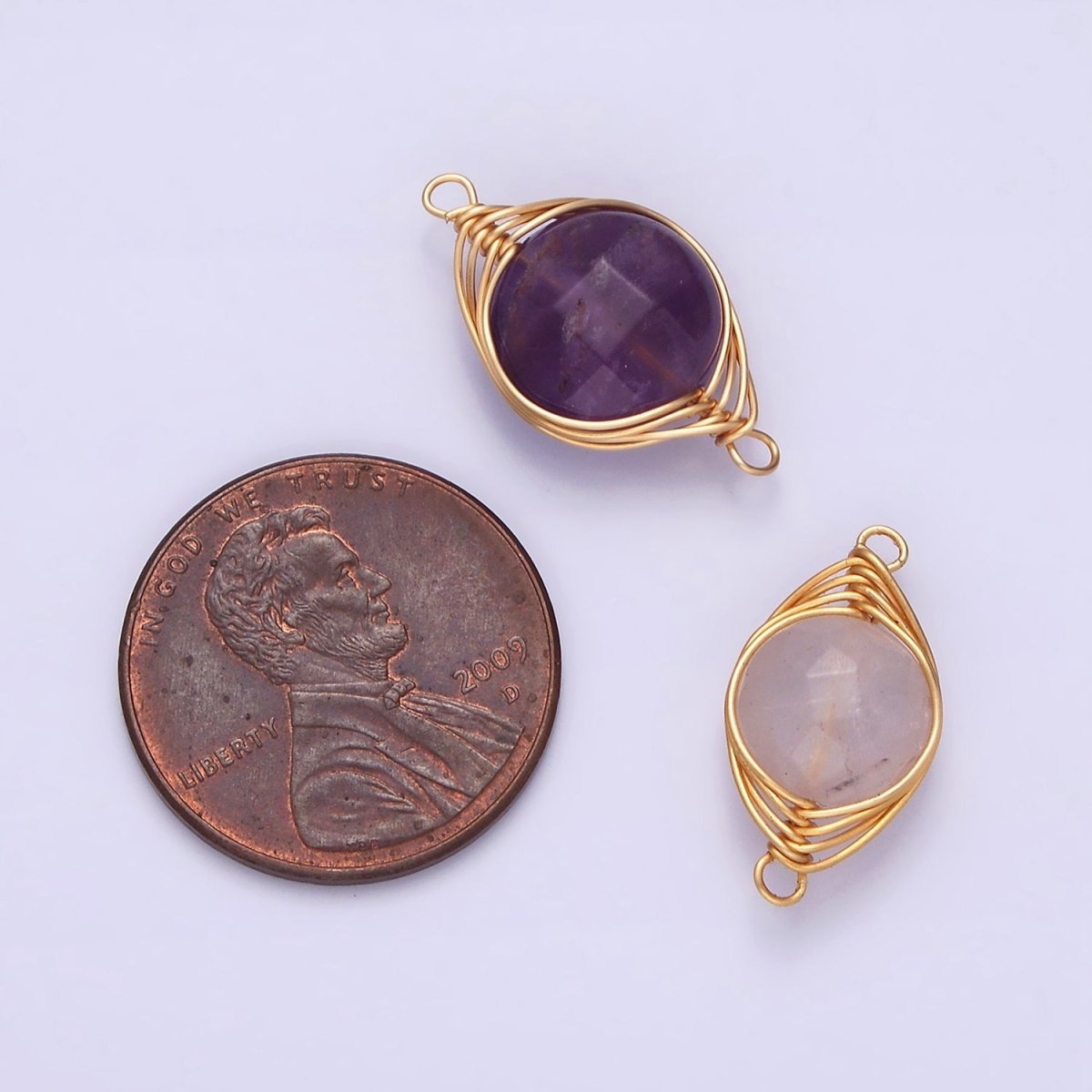 14K Gold Filled Amethyst, Clear Quartz Multifaceted Round Wire Wrapped Connector | G-052 G-053