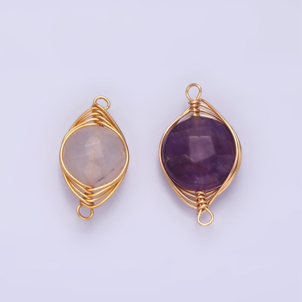 14K Gold Filled Amethyst, Clear Quartz Multifaceted Round Wire Wrapped Connector | G-052 G-053