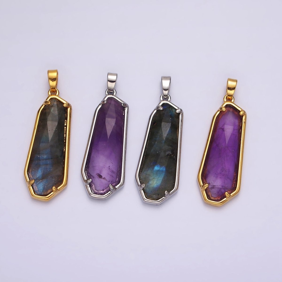 14K Gold Filled Amethyst, Labradorite Multifaceted Geometric Bezel Pendant in Gold & Silver | AH038 - AH041