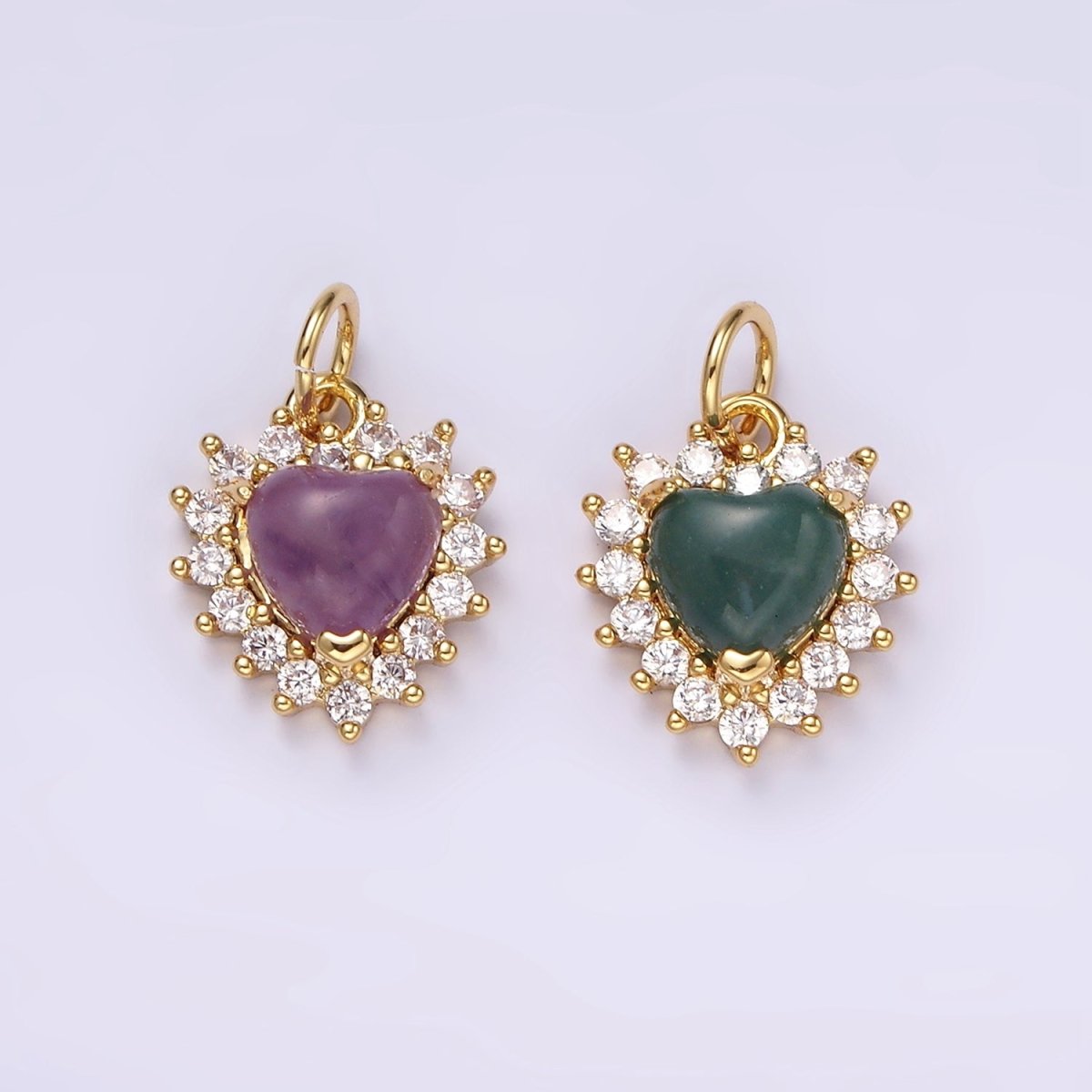 14K Gold Filled Amethyst, Moss Agate Heart CZ Lined Charm | AG486 AG487