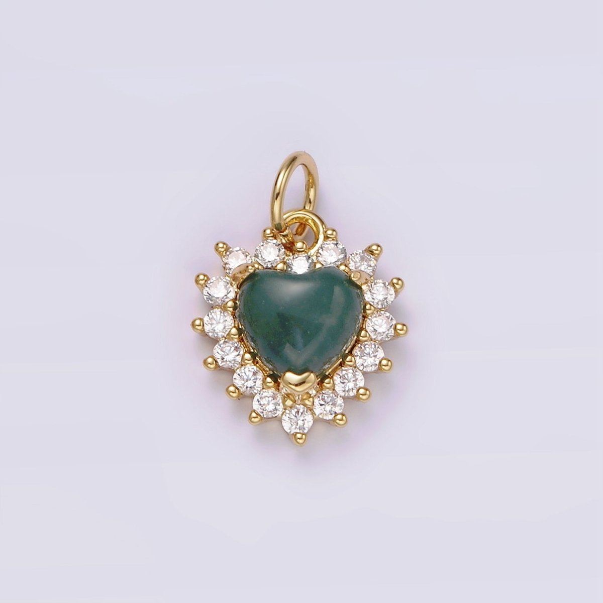 14K Gold Filled Amethyst, Moss Agate Heart CZ Lined Charm | AG486 AG487