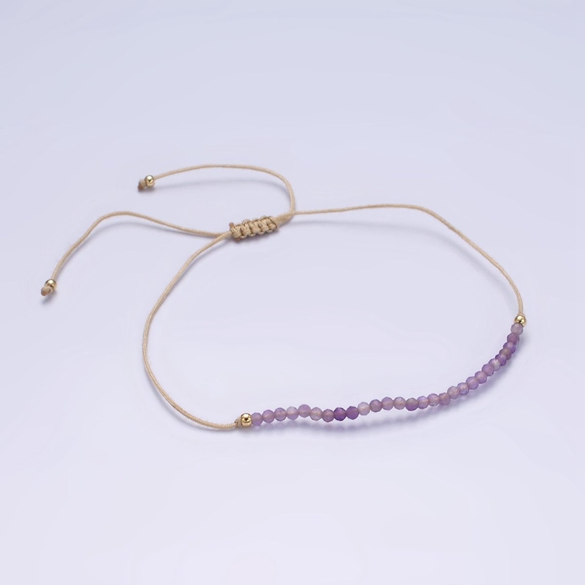 14K Gold Filled Amethyst Multifaceted Beige Rope Adjustable Friendship Bracelet | WA-2187 - WA-2189 Clearance Pricing