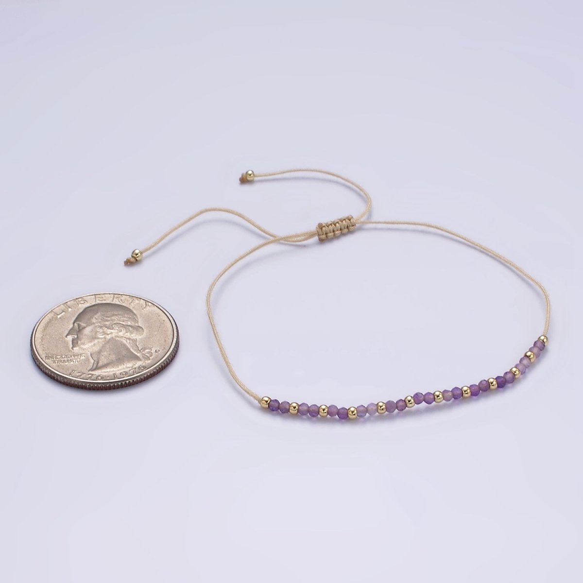 14K Gold Filled Amethyst Multifaceted Beige Rope Adjustable Friendship Bracelet | WA-2187 - WA-2189 Clearance Pricing