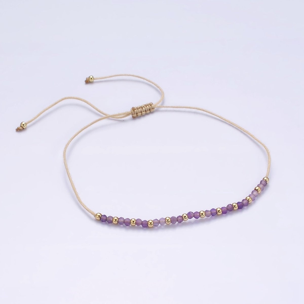 14K Gold Filled Amethyst Multifaceted Beige Rope Adjustable Friendship Bracelet | WA-2187 - WA-2189 Clearance Pricing