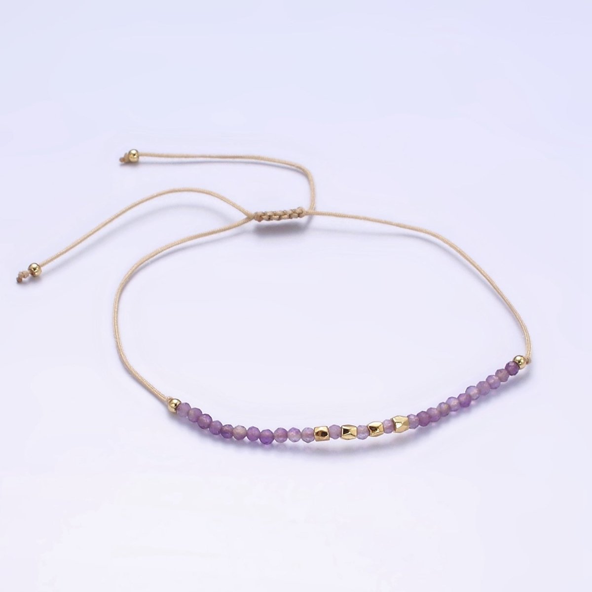 14K Gold Filled Amethyst Multifaceted Beige Rope Adjustable Friendship Bracelet | WA-2187 - WA-2189 Clearance Pricing