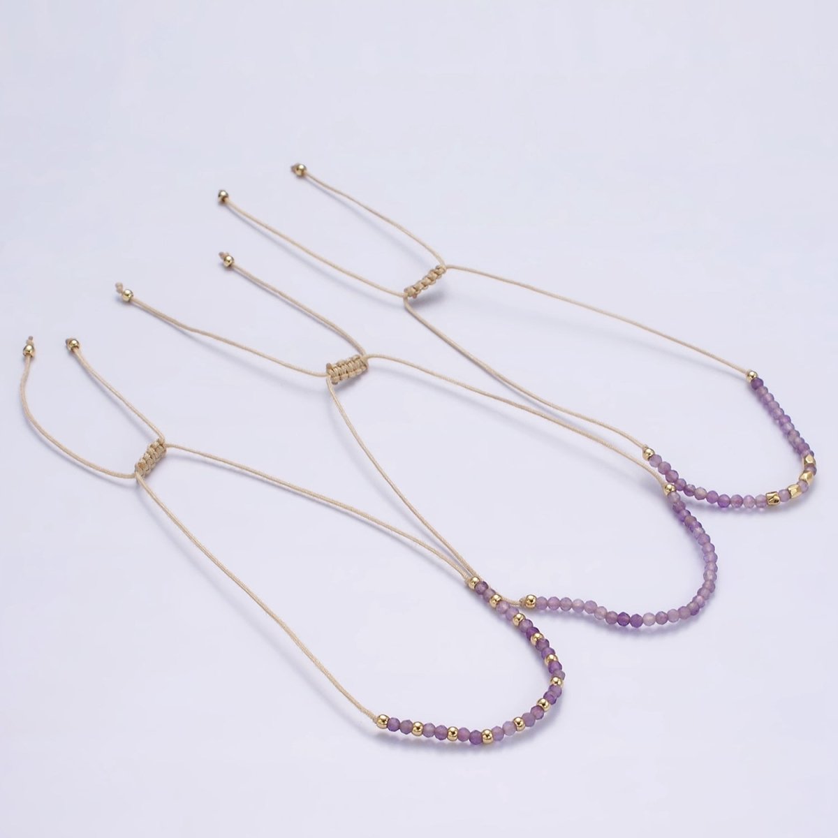 14K Gold Filled Amethyst Multifaceted Beige Rope Adjustable Friendship Bracelet | WA-2187 - WA-2189 Clearance Pricing