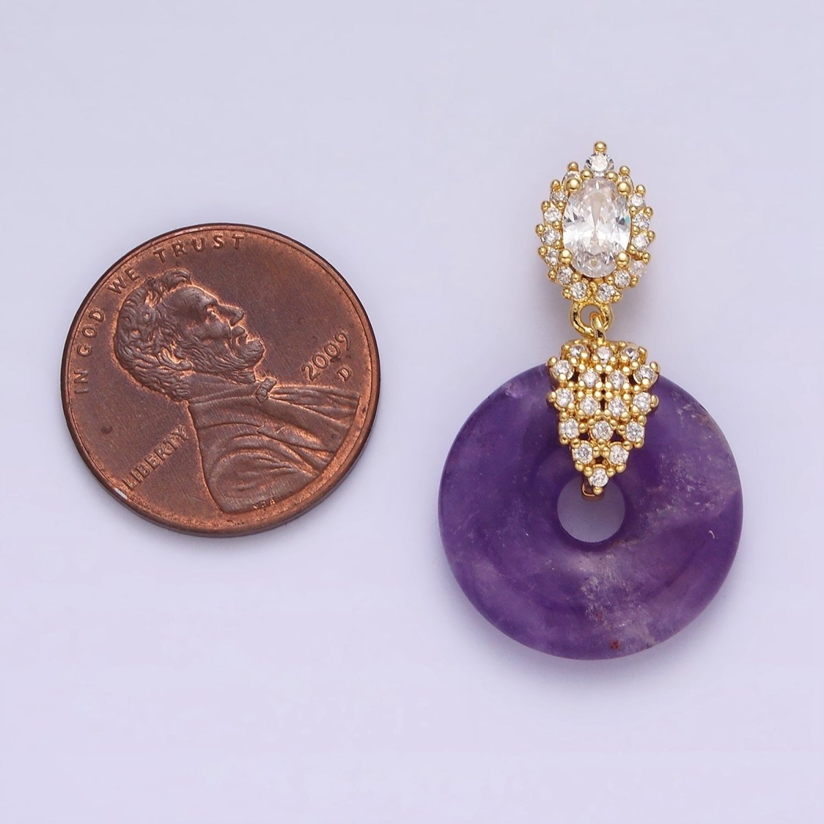 14K Gold Filled Amethyst Natural Gemstone Donut Micro Paved CZ Oval Artisan Bail Pendant | AA541 - DLUXCA