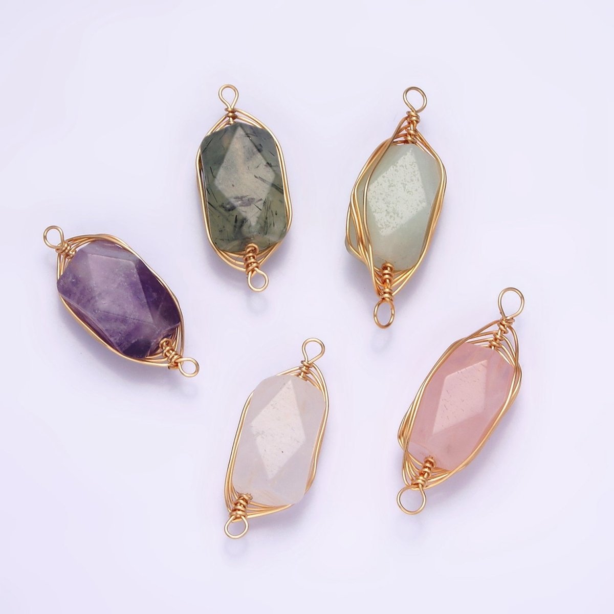 14K Gold Filled Amethyst, Prehnite, Amazonite, Clear Quartz, Rose Quartz Wire Wrapped Connector | G044 - G048