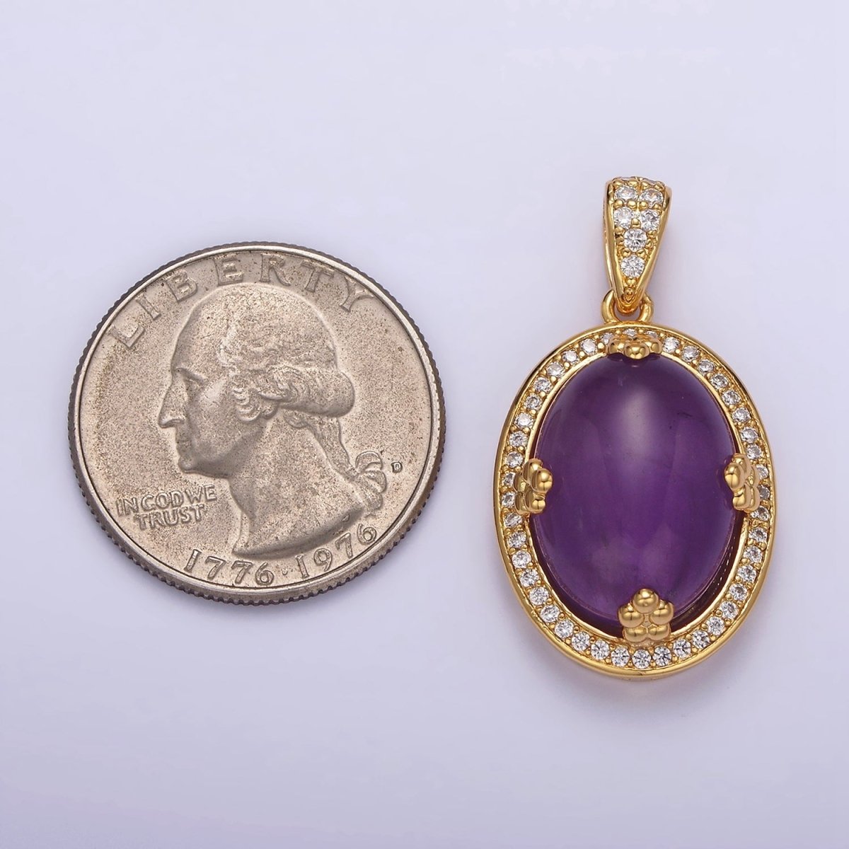 14K Gold Filled Amethyst, Rose Quartz, Aventurine Cabochon  Micro Paved CZ Pendant | AA686 - AA688