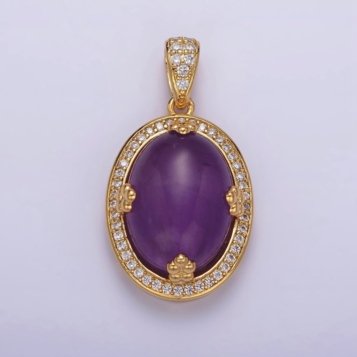 14K Gold Filled Amethyst, Rose Quartz, Aventurine Cabochon  Micro Paved CZ Pendant | AA686 - AA688