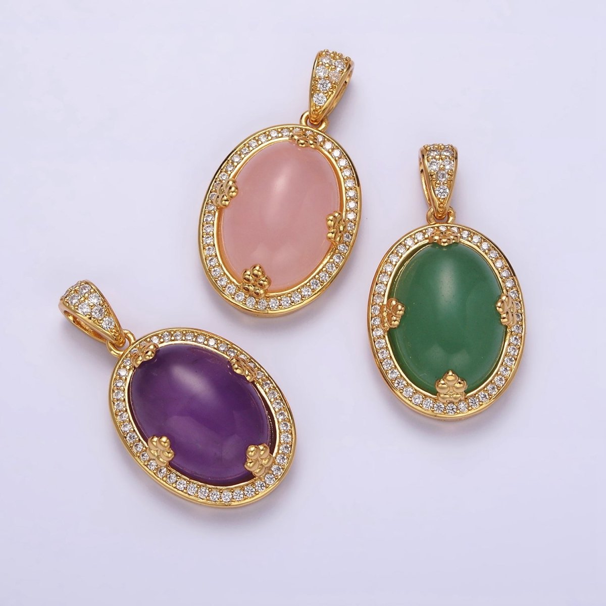 14K Gold Filled Amethyst, Rose Quartz, Aventurine Cabochon  Micro Paved CZ Pendant | AA686 - AA688
