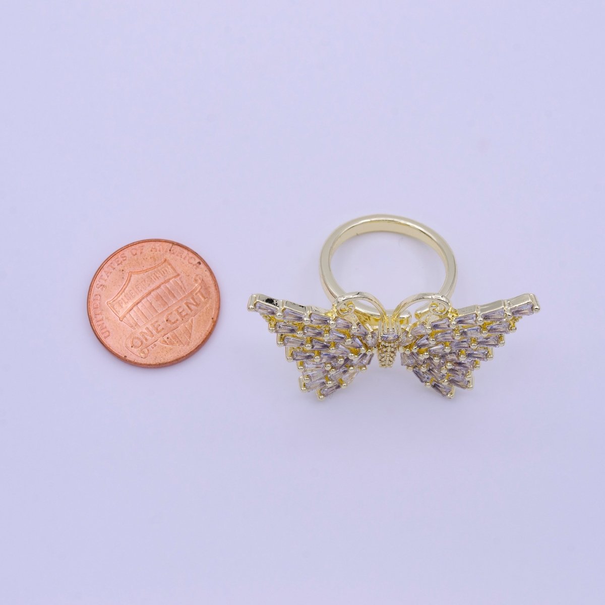 14K Gold Filled Antenna Butterfly Clear Triangle CZ Wings Adjustable Ring | O-007 - DLUXCA