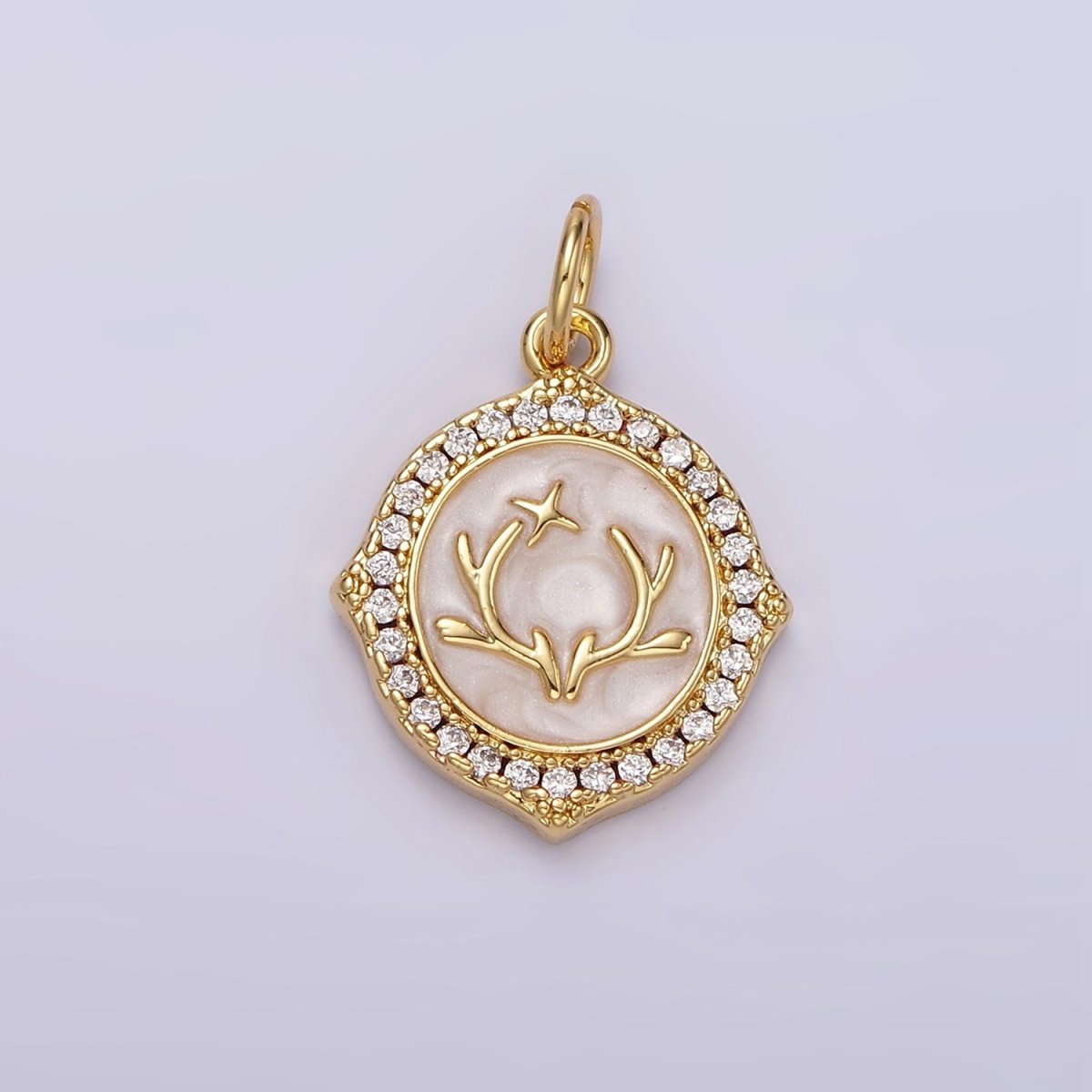 14K Gold Filled Antler Leaf Star Glitter White Enamel Clear CZ Micro Paved Round Charm in Gold & Silver | N1167 N1168