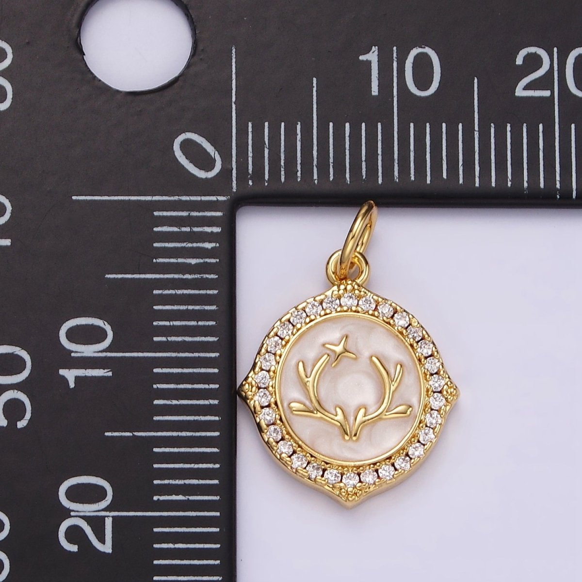 14K Gold Filled Antler Leaf Star Glitter White Enamel Clear CZ Micro Paved Round Charm in Gold & Silver | N1167 N1168