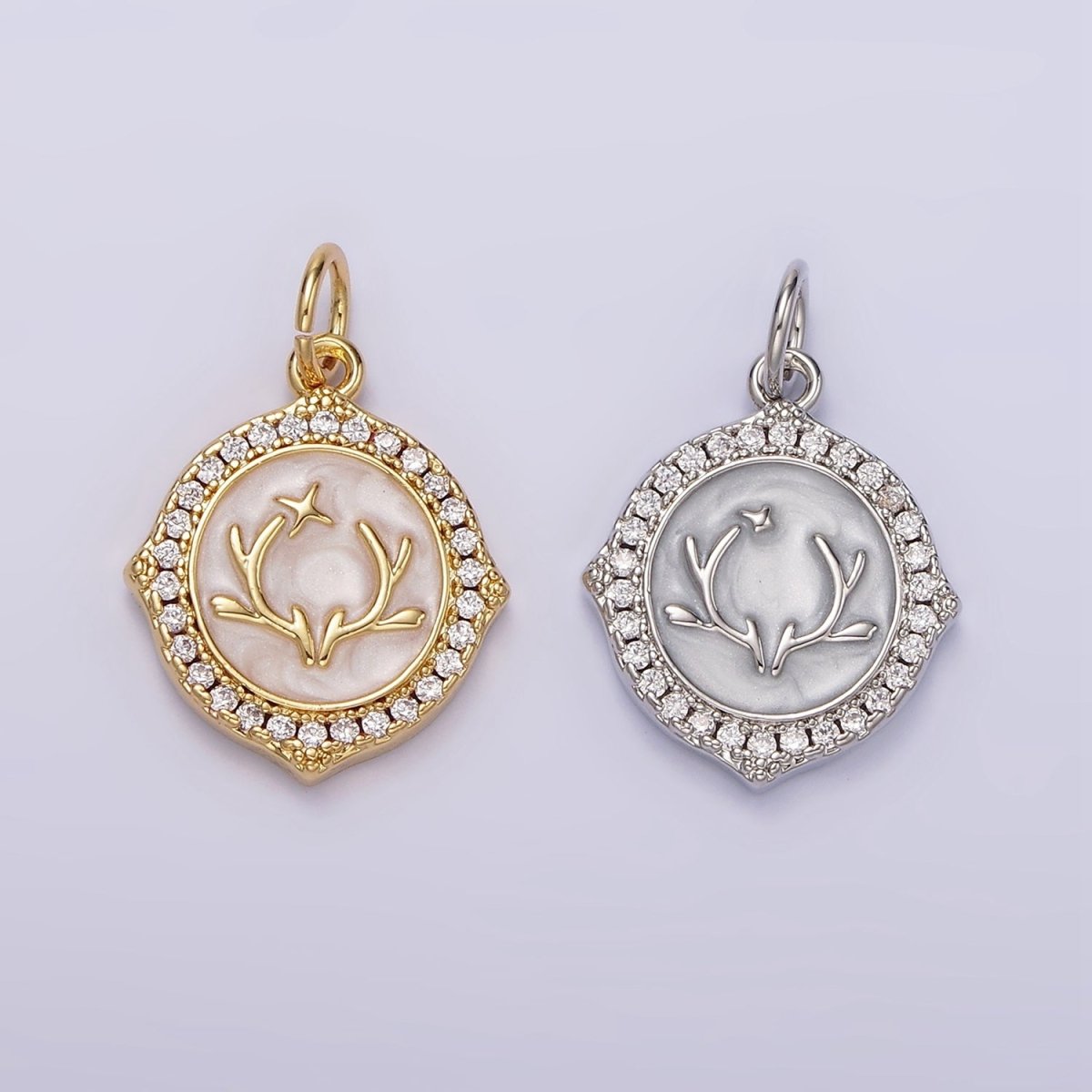14K Gold Filled Antler Leaf Star Glitter White Enamel Clear CZ Micro Paved Round Charm in Gold & Silver | N1167 N1168