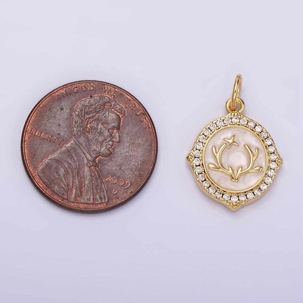 14K Gold Filled Antler Leaf Star Glitter White Enamel Clear CZ Micro Paved Round Charm in Gold & Silver | N1167 N1168