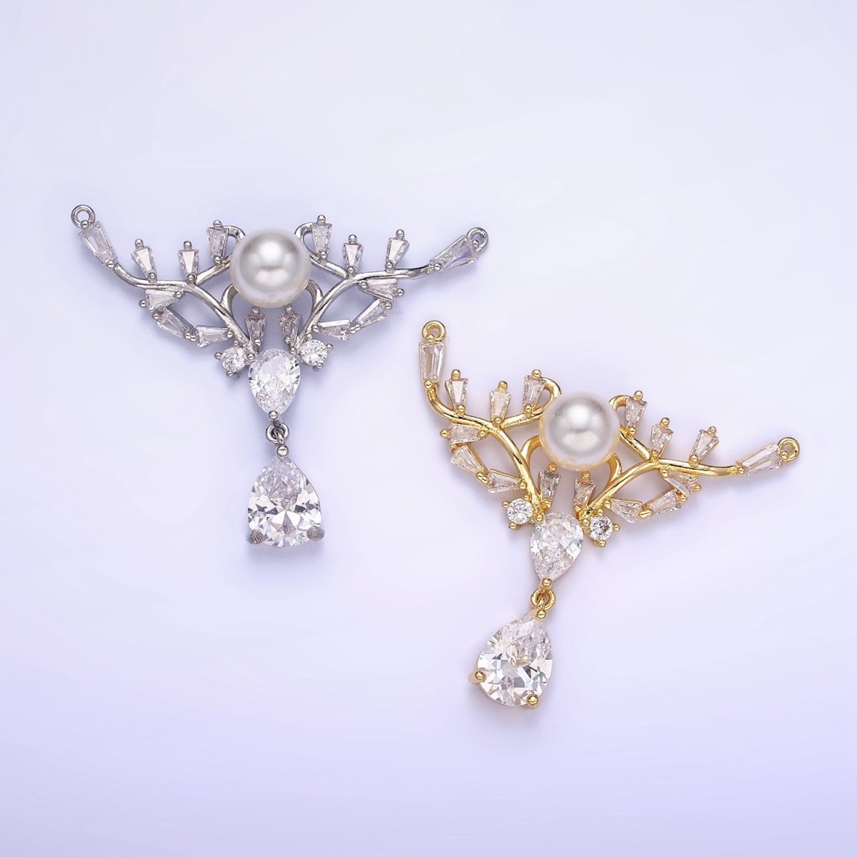 14K Gold Filled Artisan Curved Pearl Baguette Teardrop Drop Connector in Gold & Silver | G283