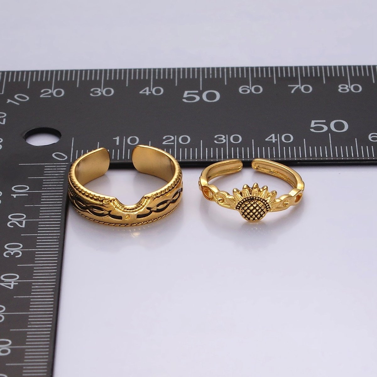 14K Gold Filled Artisan Sunflower Nature Band Ring Set in Silver & Gold | O1064 O1065