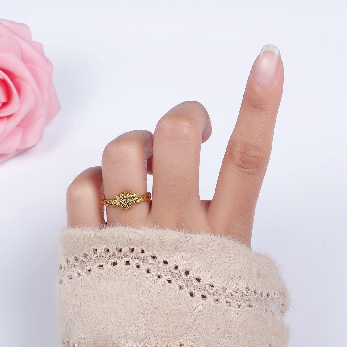 14K Gold Filled Artisan Sunflower Nature Band Ring Set in Silver & Gold | O1064 O1065