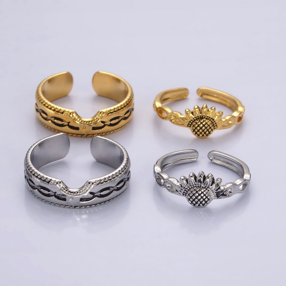 14K Gold Filled Artisan Sunflower Nature Band Ring Set in Silver & Gold | O1064 O1065