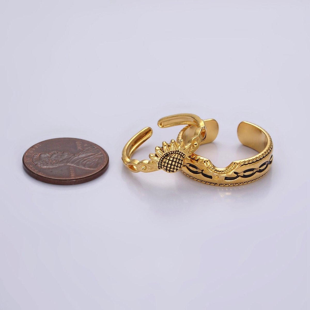 14K Gold Filled Artisan Sunflower Nature Band Ring Set in Silver & Gold | O1064 O1065