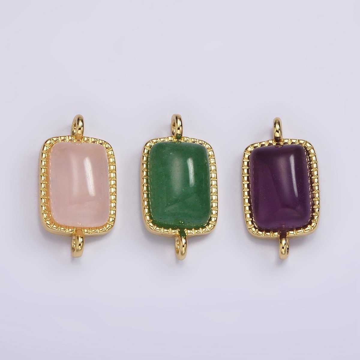 14K Gold Filled Aventurine, Amethyst, Rose Quartz Dotted Bezel Rectangular Connector | G250 - G252