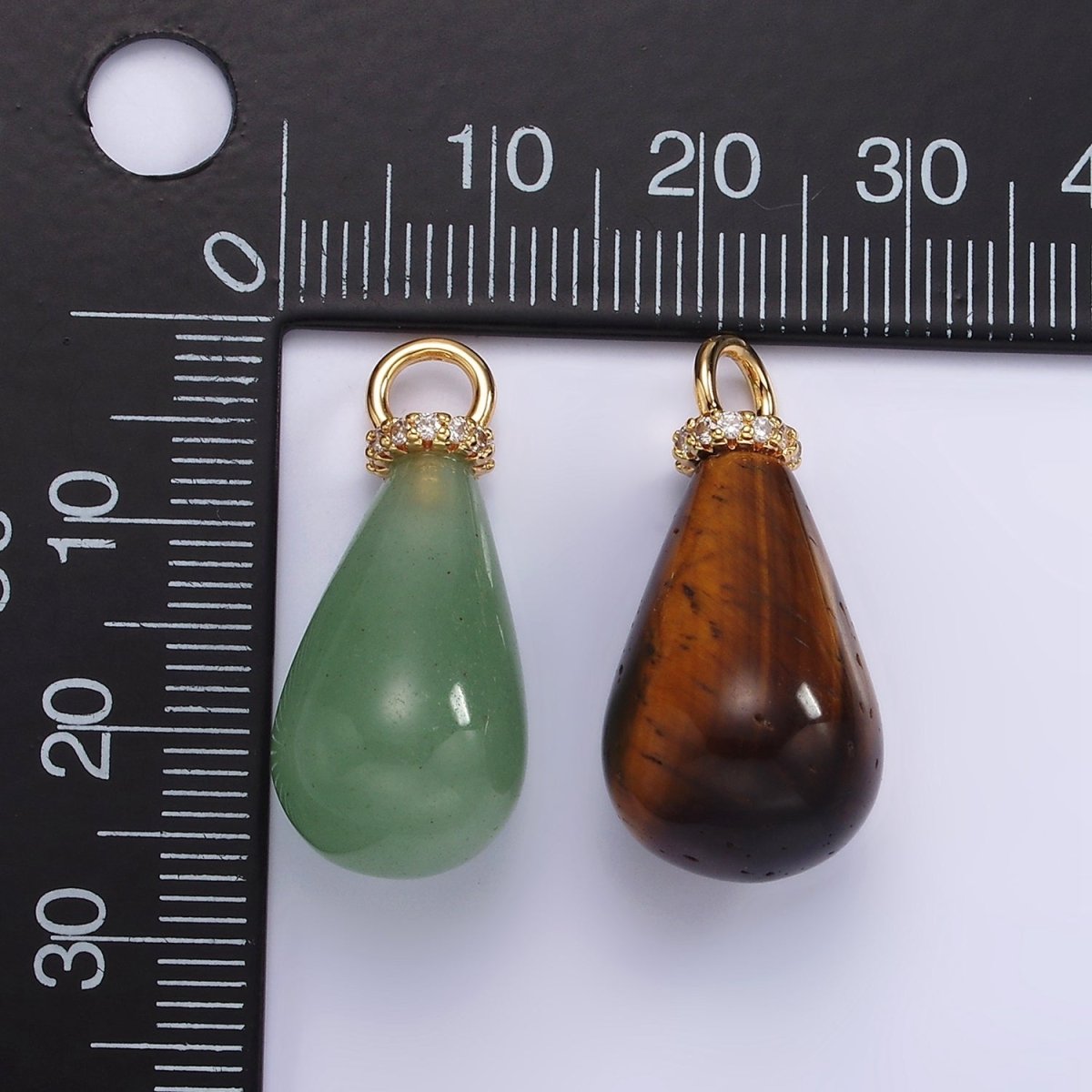 14K Gold Filled Aventurine, Tiger Eye, Rose Quartz Teardrop Drop Micro Paved CZ Charm | AC928 - AC930