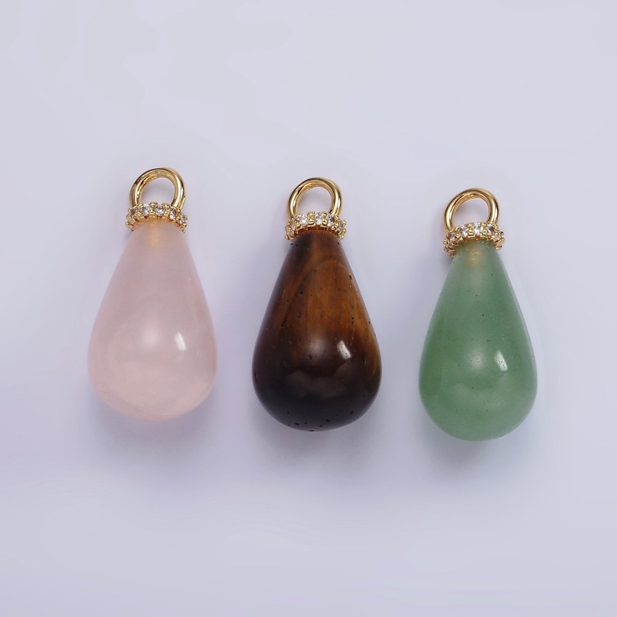 14K Gold Filled Aventurine, Tiger Eye, Rose Quartz Teardrop Drop Micro Paved CZ Charm | AC928 - AC930