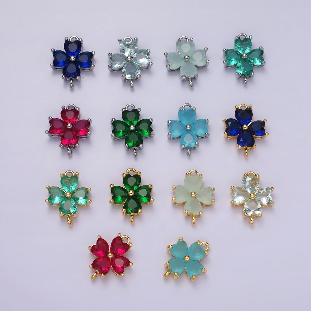 14K Gold Filled Baby Blue, Teal, Blue, Mint, Green, Dark Blue, Fuchsia CZ Heart Petal Flower Connector in Gold & Silver | G-203 - G-216