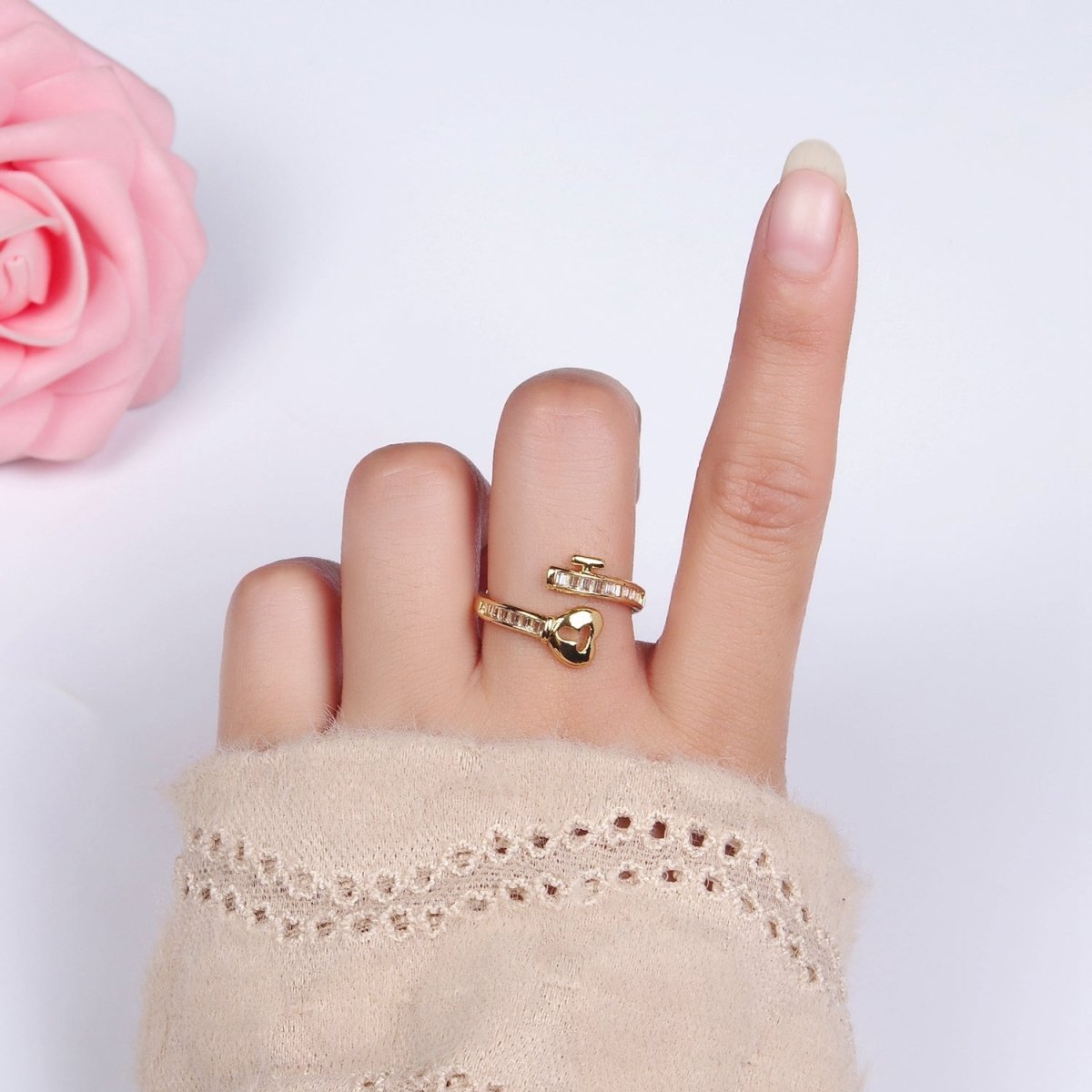 14K Gold Filled Baguette CZ Lined Heart Padlock Ring | O1379