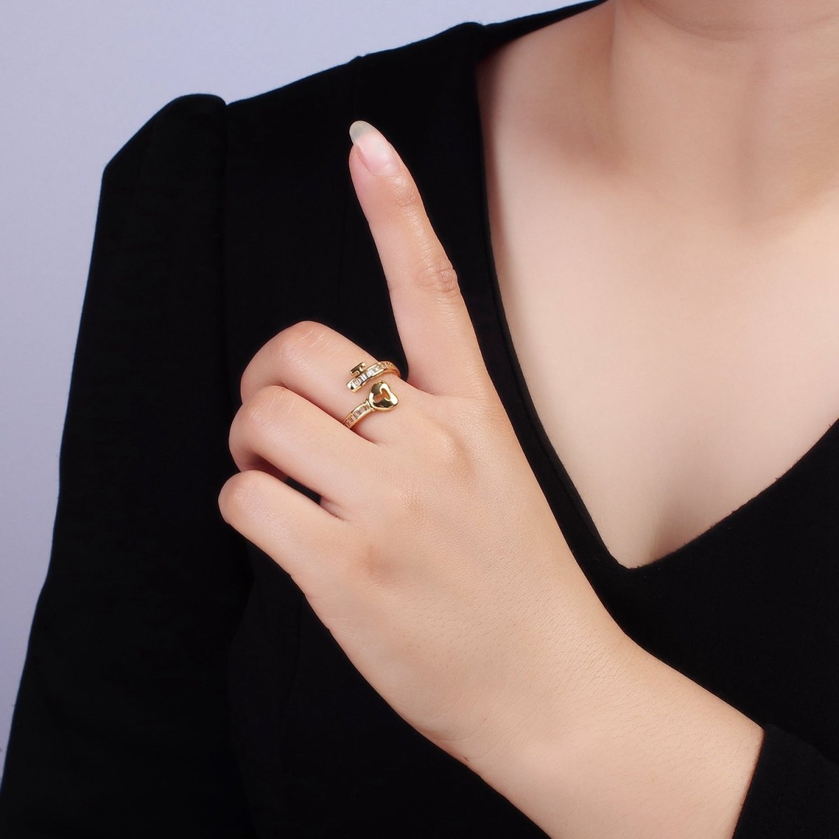 14K Gold Filled Baguette CZ Lined Heart Padlock Ring | O1379
