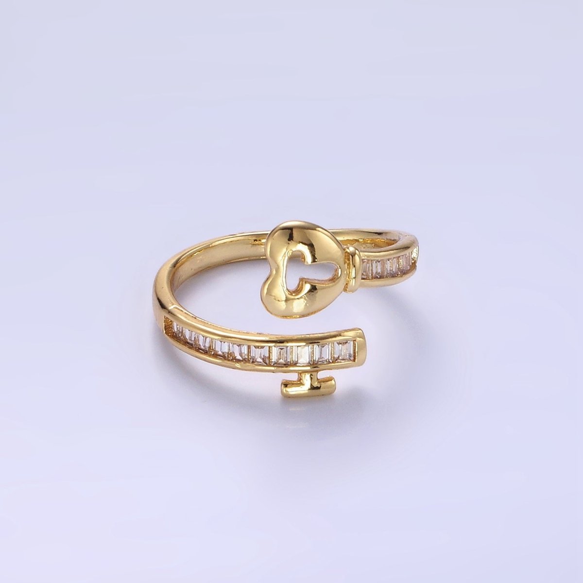 14K Gold Filled Baguette CZ Lined Heart Padlock Ring | O1379