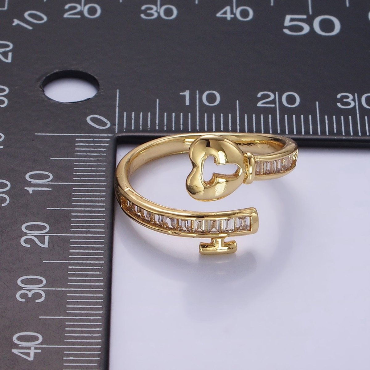 14K Gold Filled Baguette CZ Lined Heart Padlock Ring | O1379