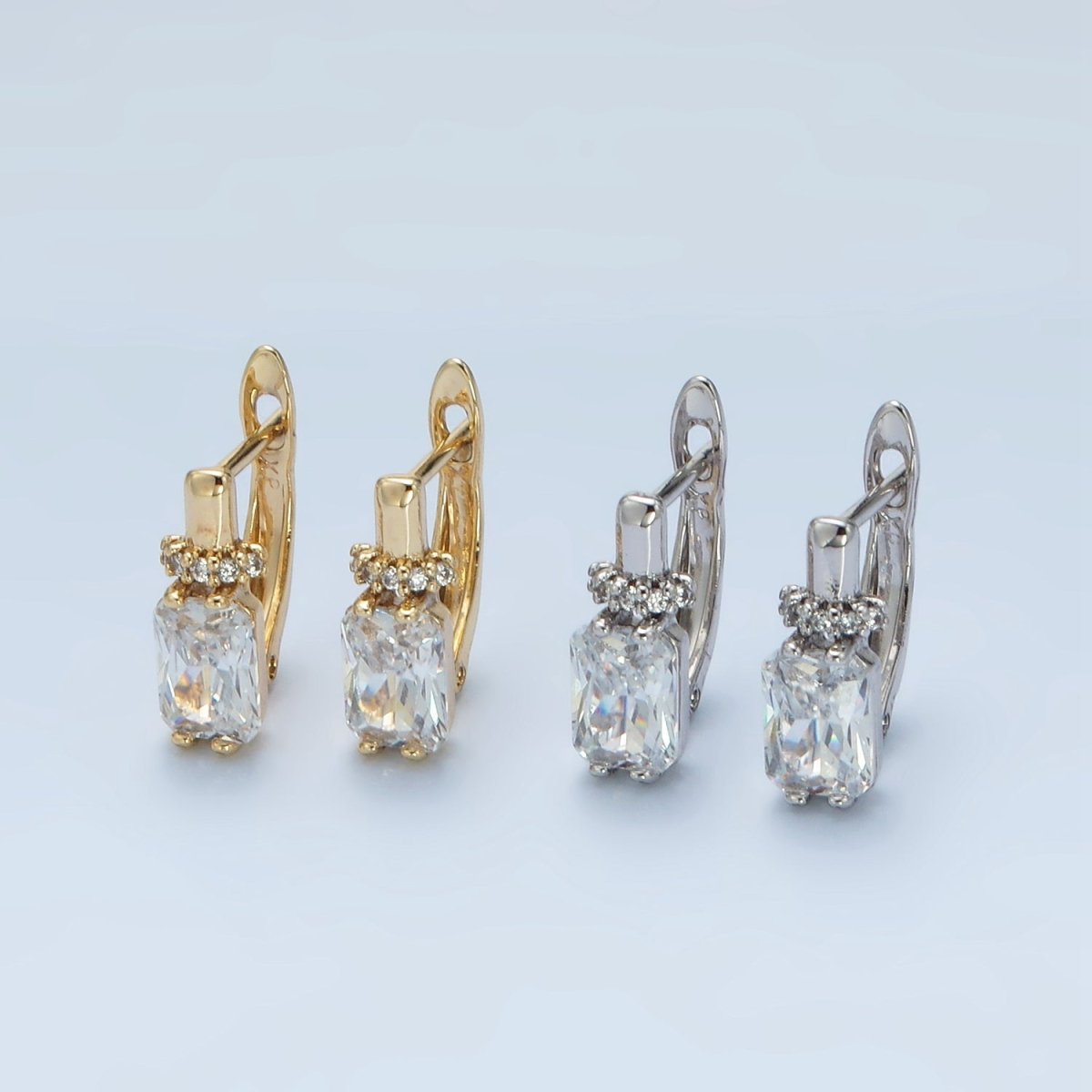 14K Gold Filled Baguette CZ Micro Paved English Lock Hoop Earrings in Gold & Silver | AB1243 AB1244