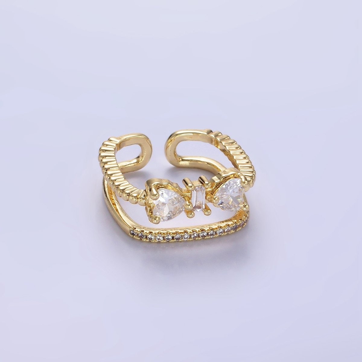 14K Gold Filled Baguette Heart CZ Micro Paved Double Band Ring | O1380 - DLUXCA