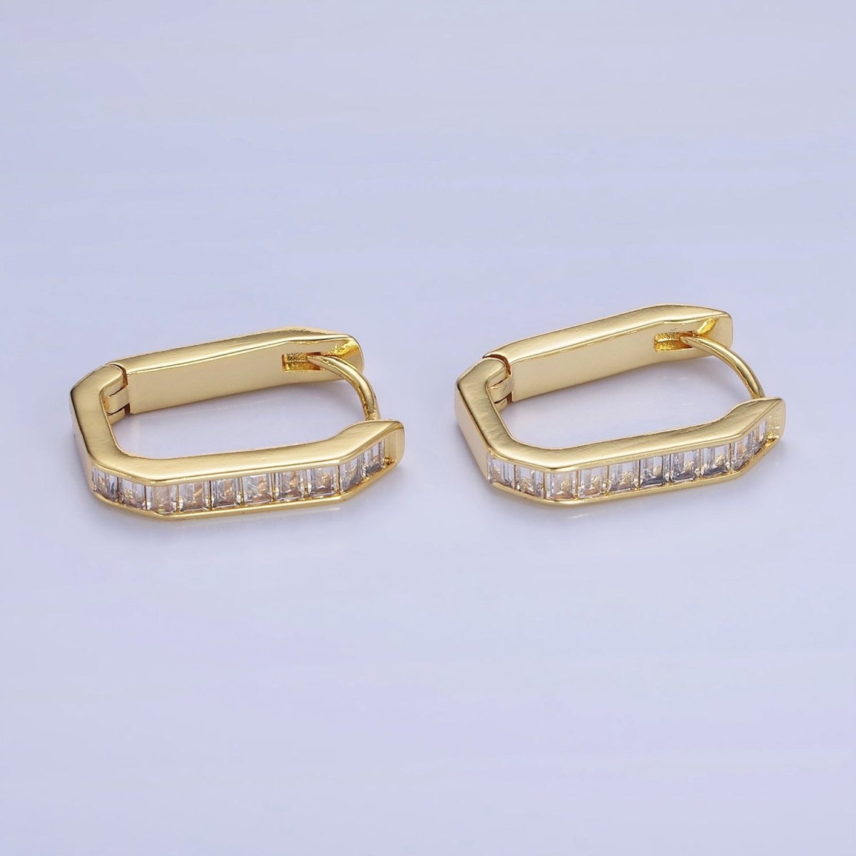 14K Gold Filled Baguette Lined Edged Oblong Hoop Earrings in Gold & Silver | P466 P467