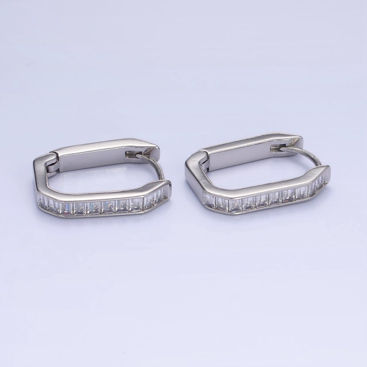 14K Gold Filled Baguette Lined Edged Oblong Hoop Earrings in Gold & Silver | P466 P467