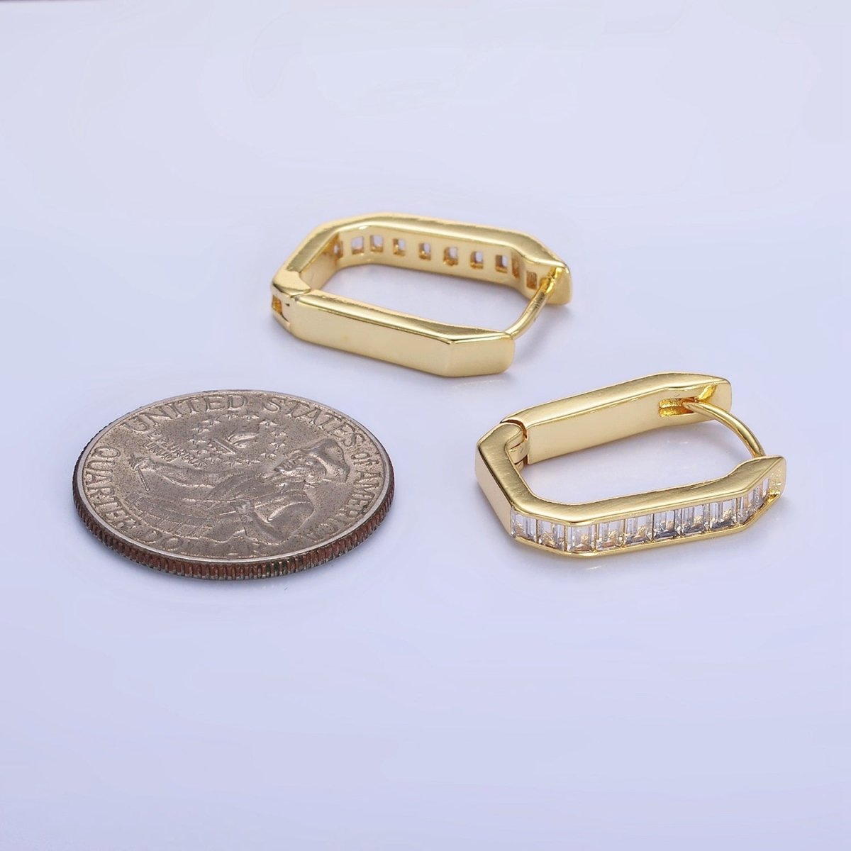 14K Gold Filled Baguette Lined Edged Oblong Hoop Earrings in Gold & Silver | P466 P467