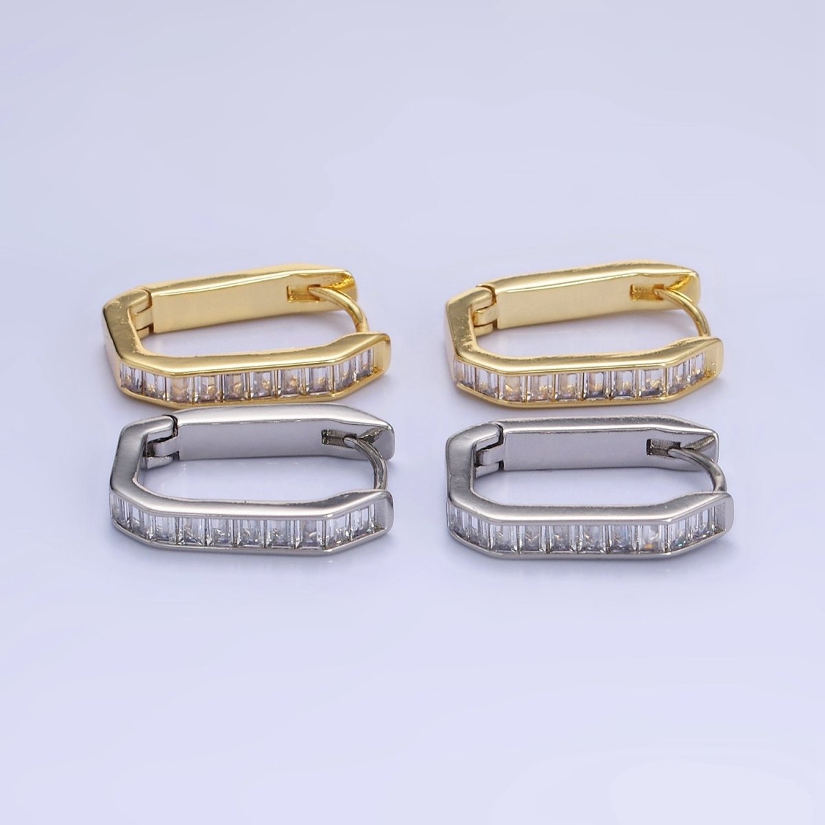 14K Gold Filled Baguette Lined Edged Oblong Hoop Earrings in Gold & Silver | P466 P467