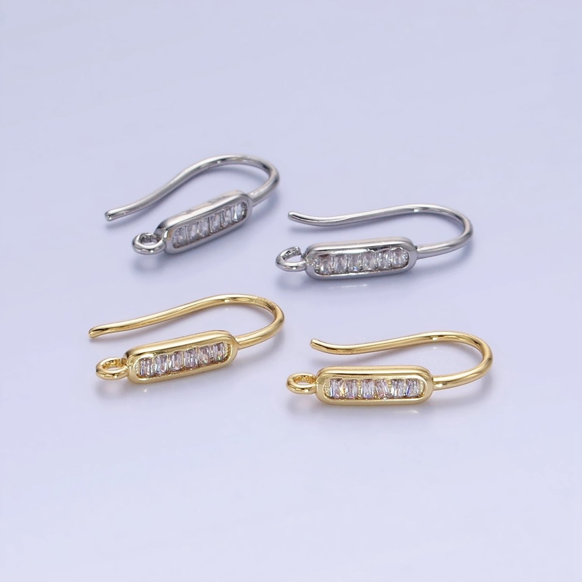 14K Gold Filled Baguette Lined Fish Hook Earrings Findings in Gold & Silver | Z747 Z748