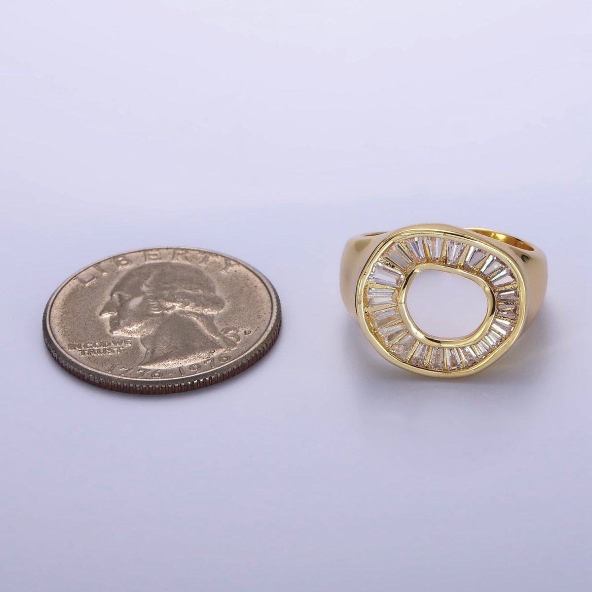 14K Gold Filled Baguette Lined Open Round Signet Ring in Gold & Silver | R213 R214