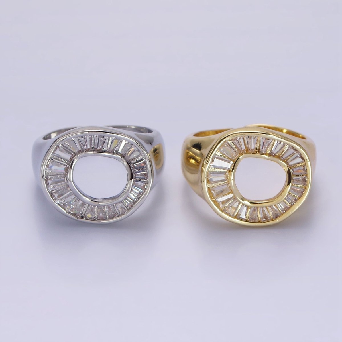 14K Gold Filled Baguette Lined Open Round Signet Ring in Gold & Silver | R213 R214