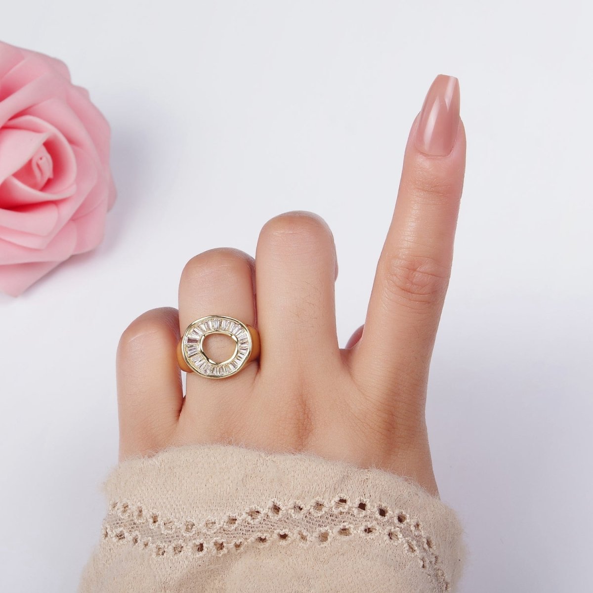 14K Gold Filled Baguette Lined Open Round Signet Ring in Gold & Silver | R213 R214
