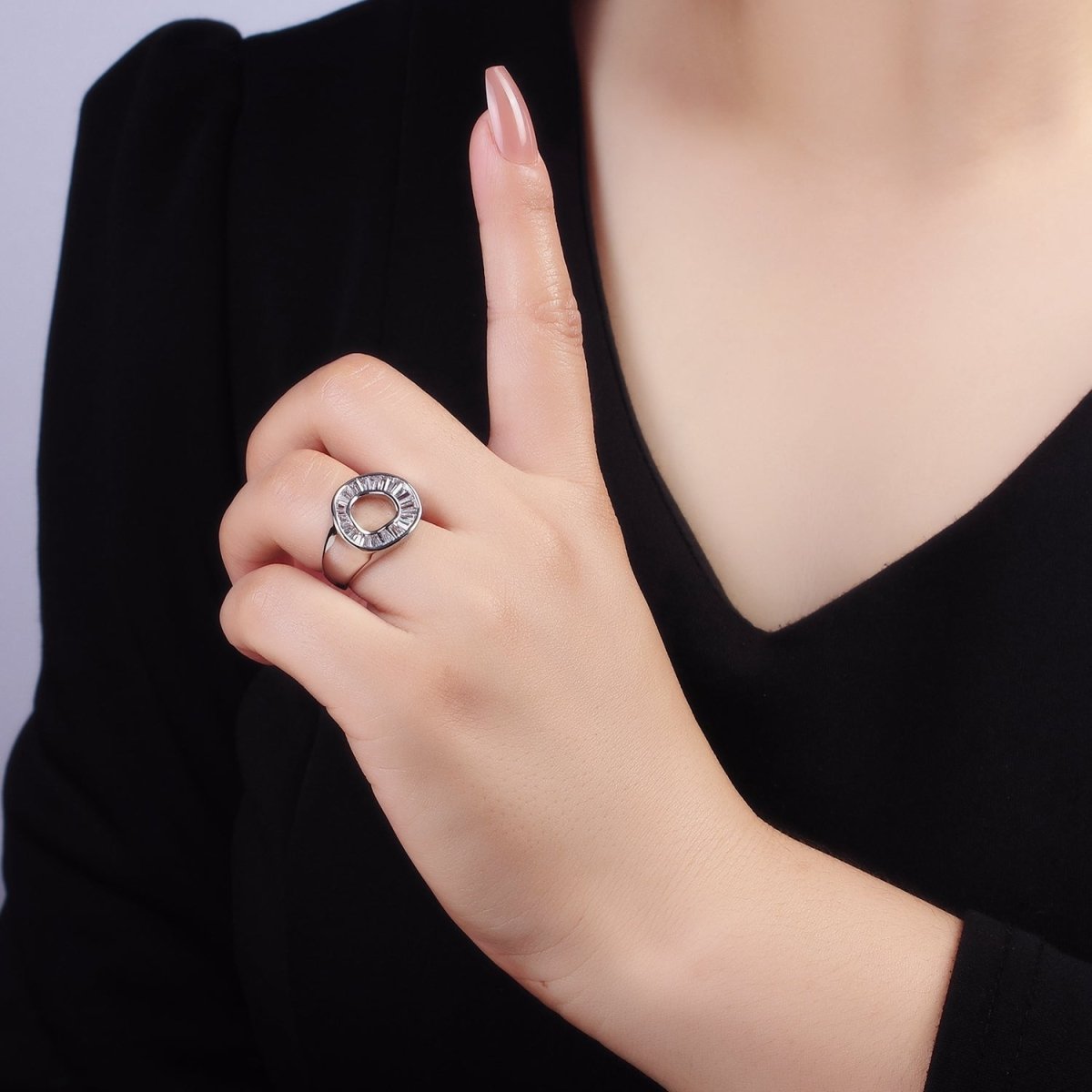 14K Gold Filled Baguette Lined Open Round Signet Ring in Gold & Silver | R213 R214